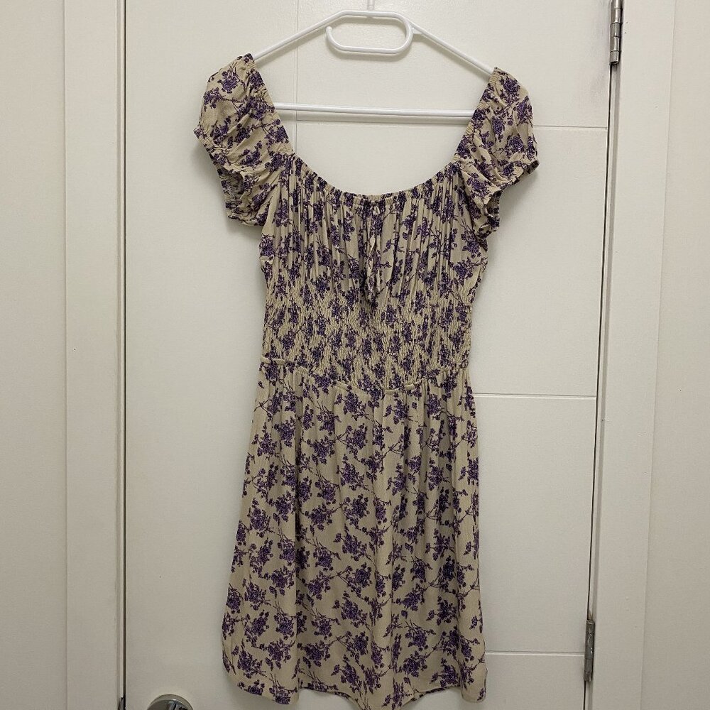Floral Peasant Mini Dress in Beige and Purple